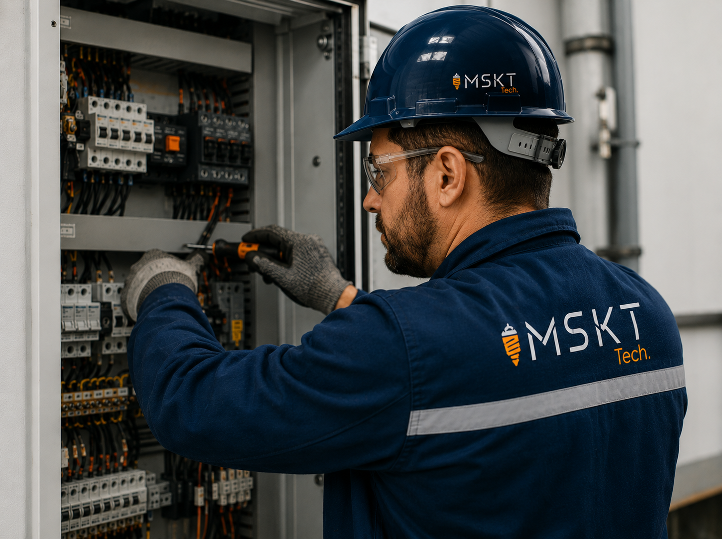 Profissional MSKT com capacete de segurança operando painel técnico