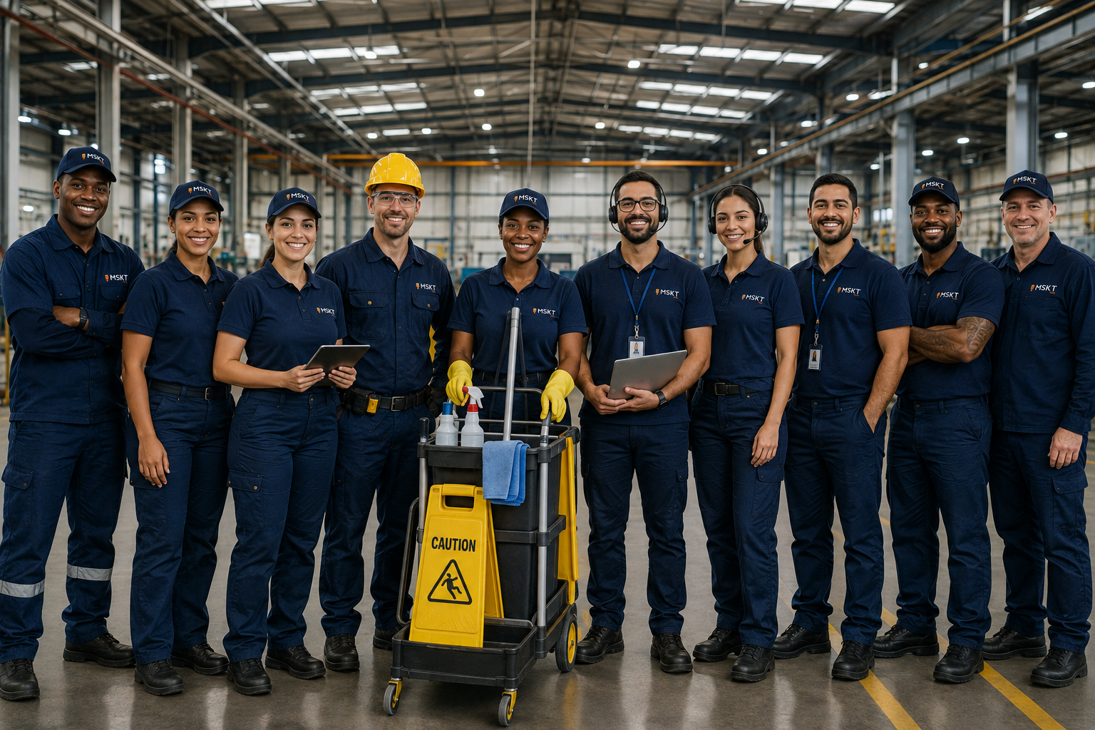 Equipe MSKT uniformizada em ambiente corporativo